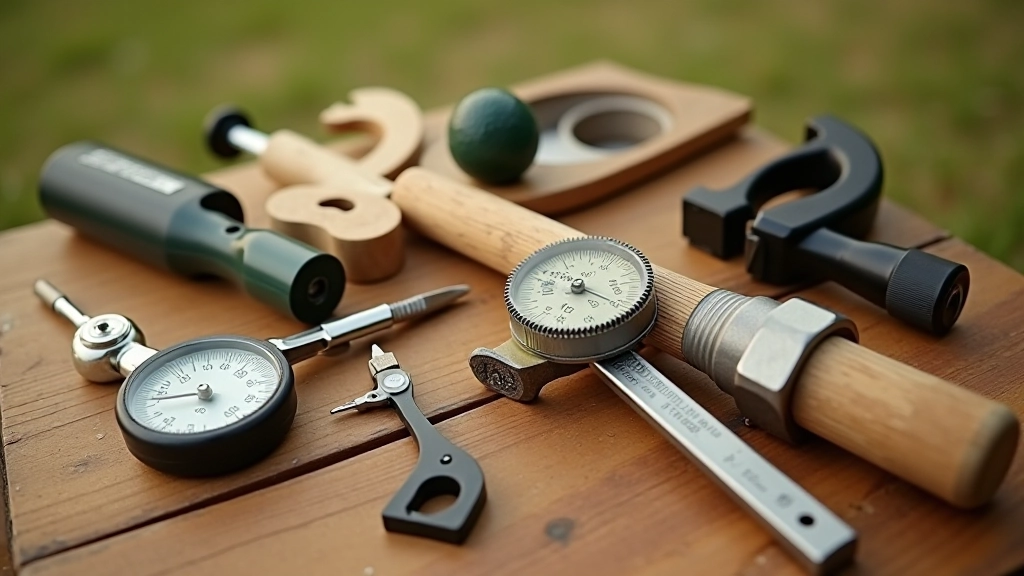 أدوات قياس الكروكيه المختلفة معروضة على سطح خشبي
